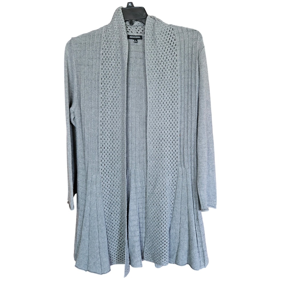 Notations Gray Open Front Cardigan Sweater Pointelle Knit Flared Women Large L